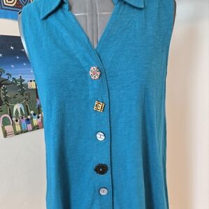 Soft Surroundings Turquoise Sleeveless Cotton Knit Vest Shirt Super Cute Buttons